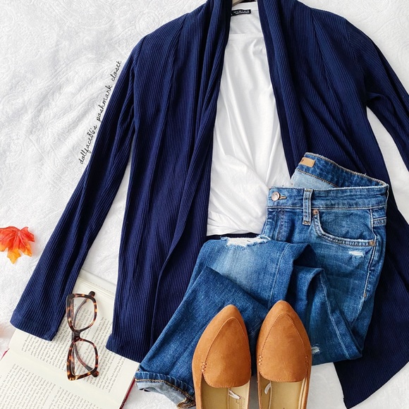 Chris & Carol Sweaters - Navy Blue Ribbed Draped Front Cardigan